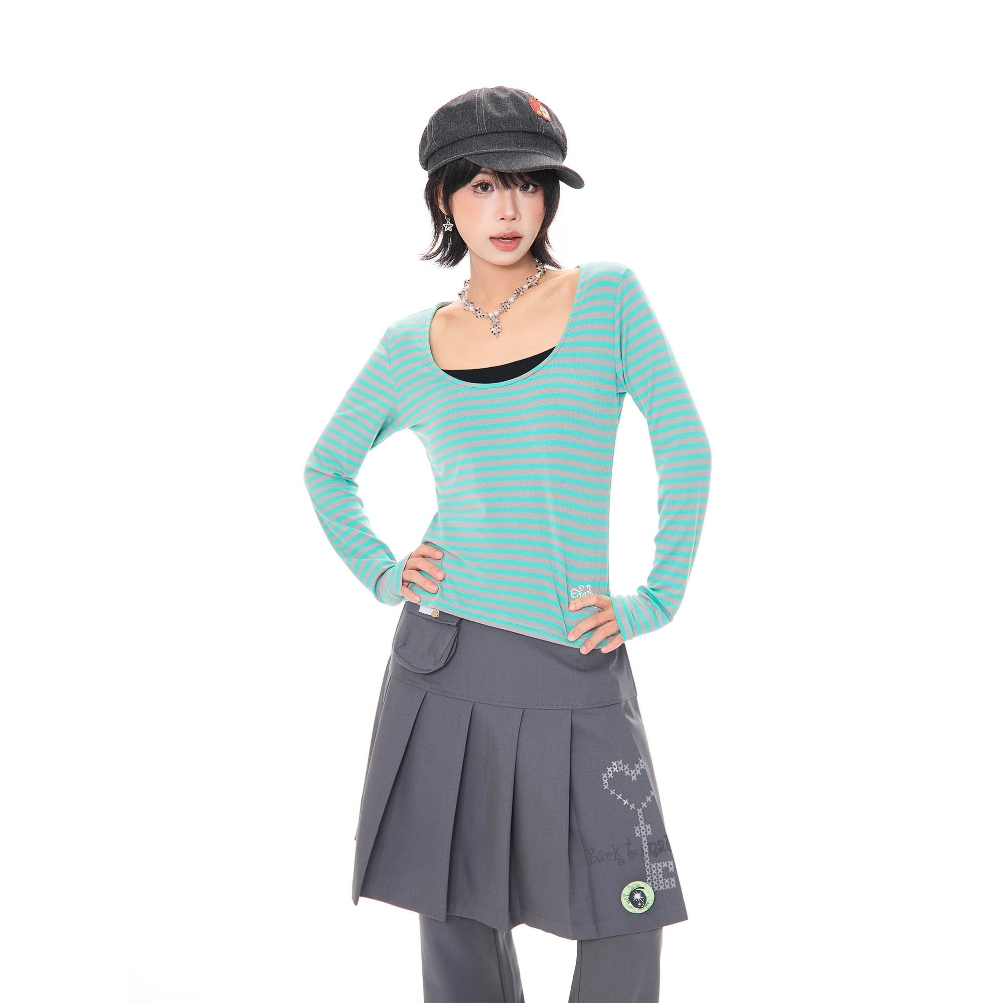 Pink Stripe U Neck Long Sleeve T Shirt OL2382