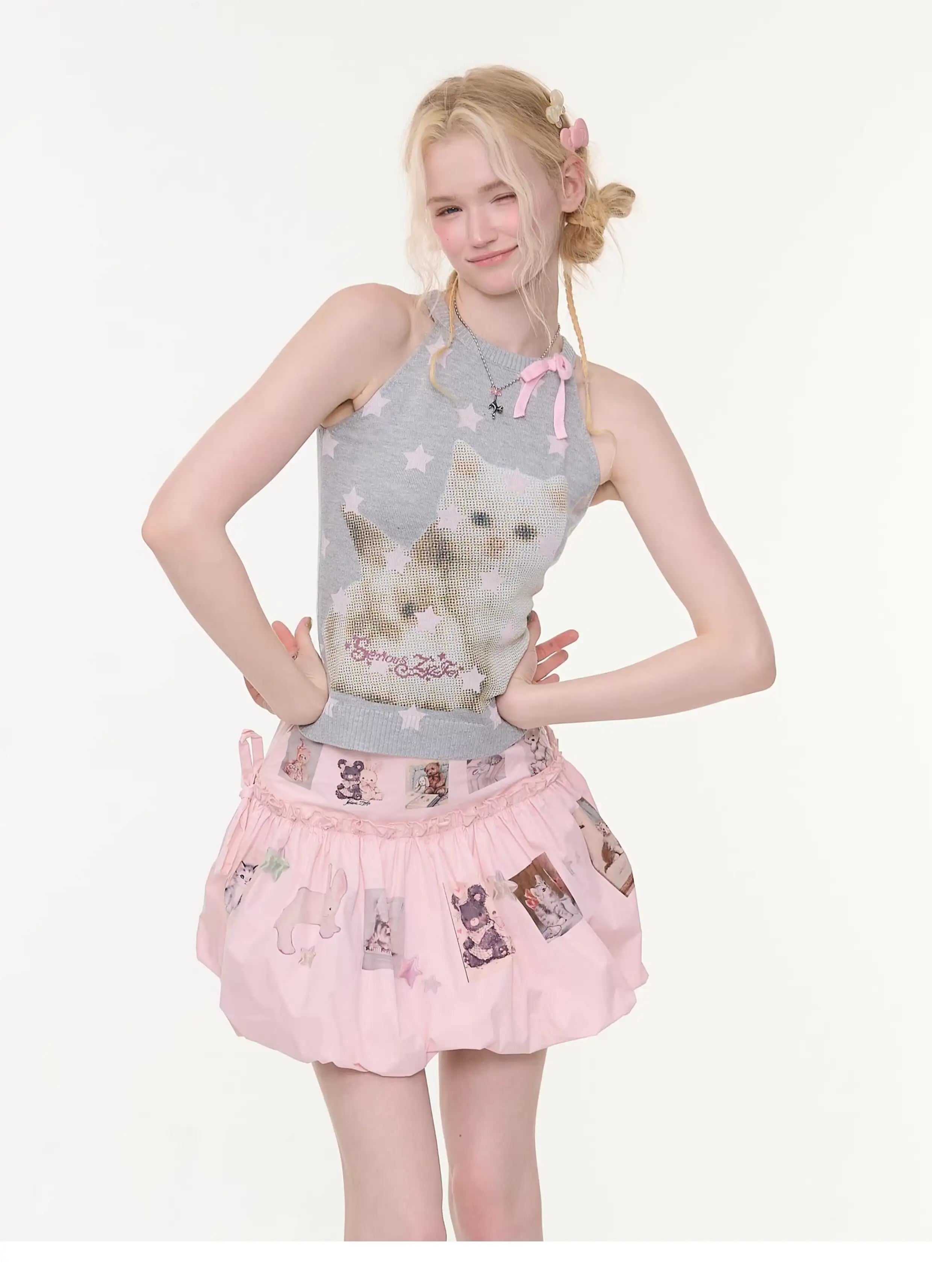 Bow Star Cat Graphic Slim Fit Tank Top OL2255