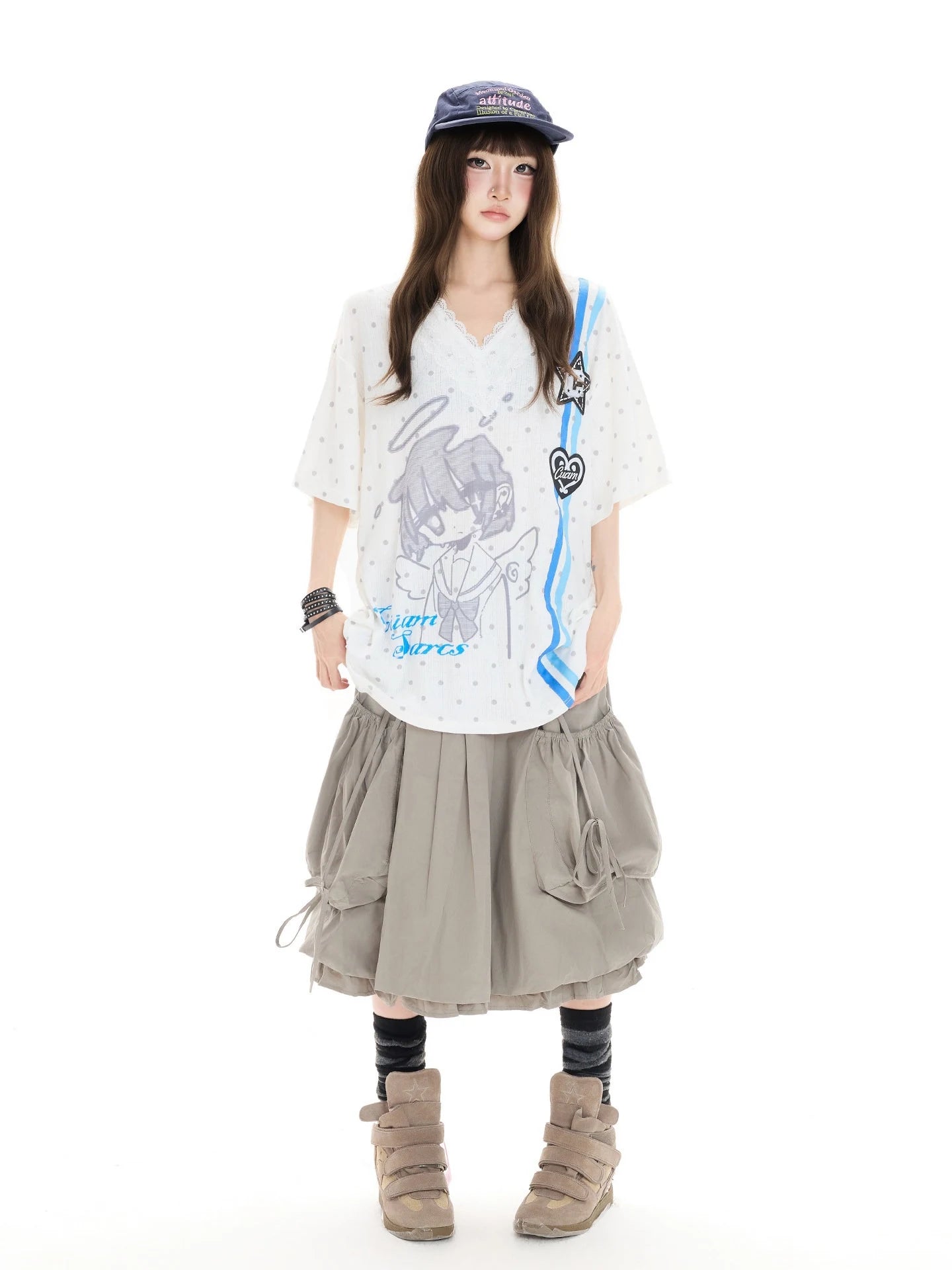 Polka Dot Lace V Neck T Shirt OL2366
