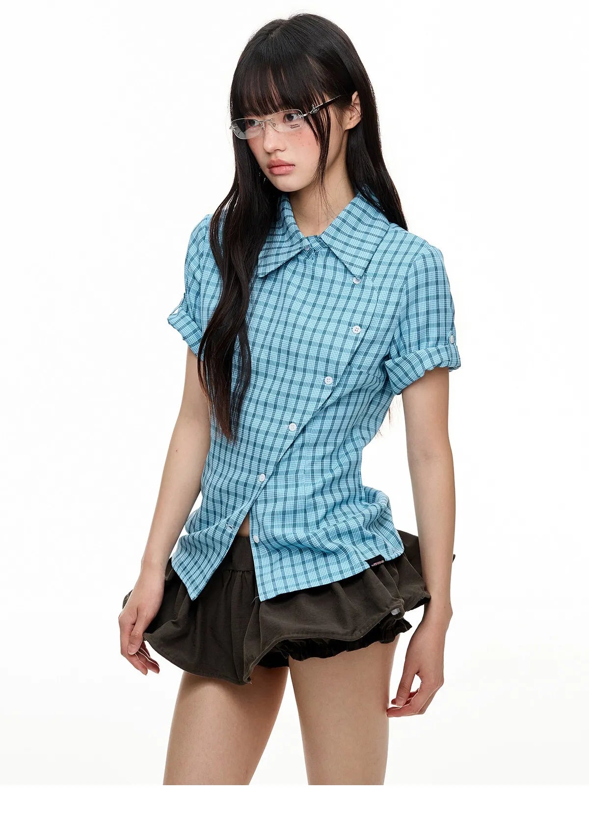 Blue Contrast Plaid Short Sleeve Shirt OL2264