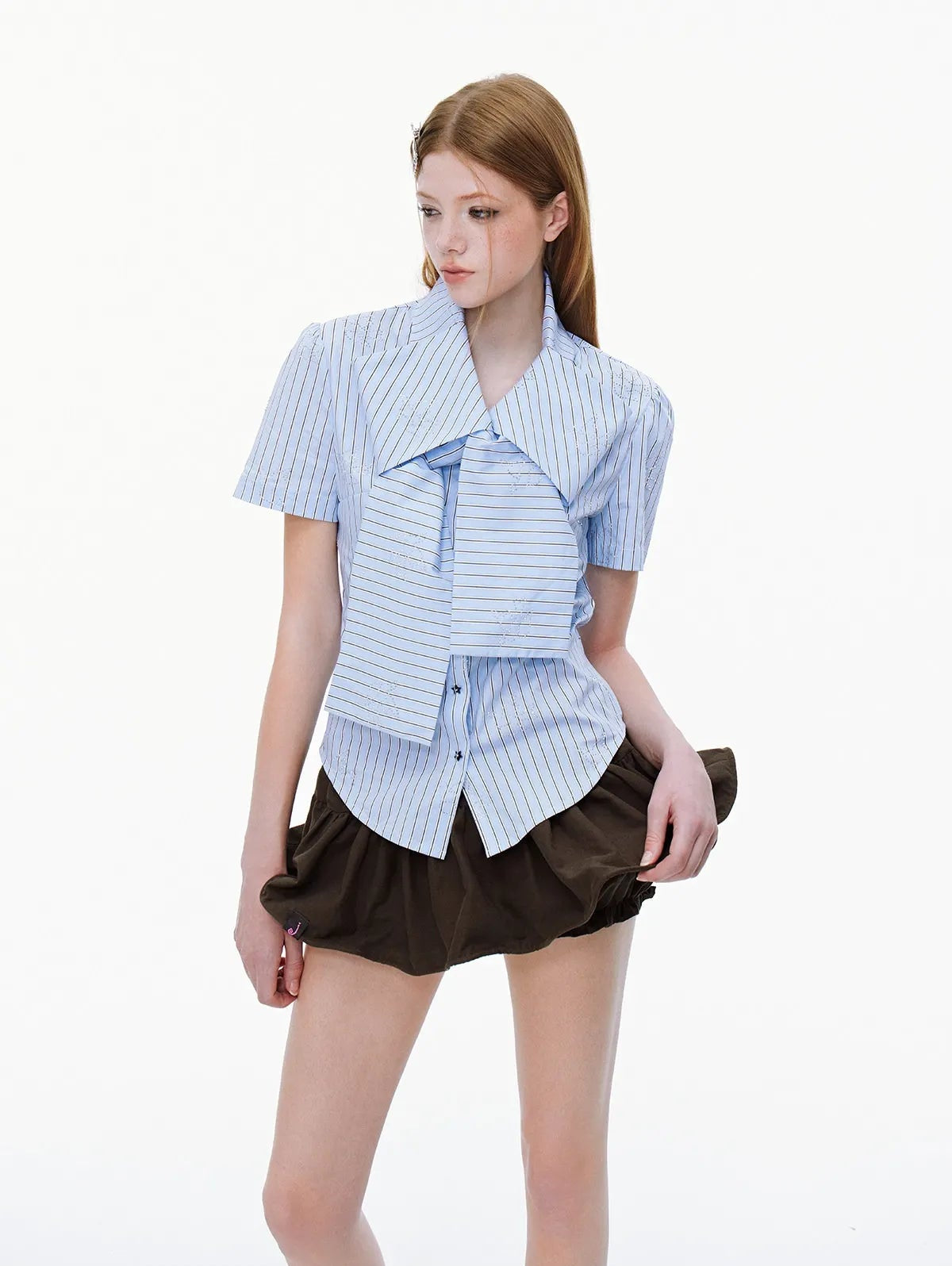 Ribbon Detail Rhinestone Stripe Fitted Shirt oliviroa オリヴィオラ