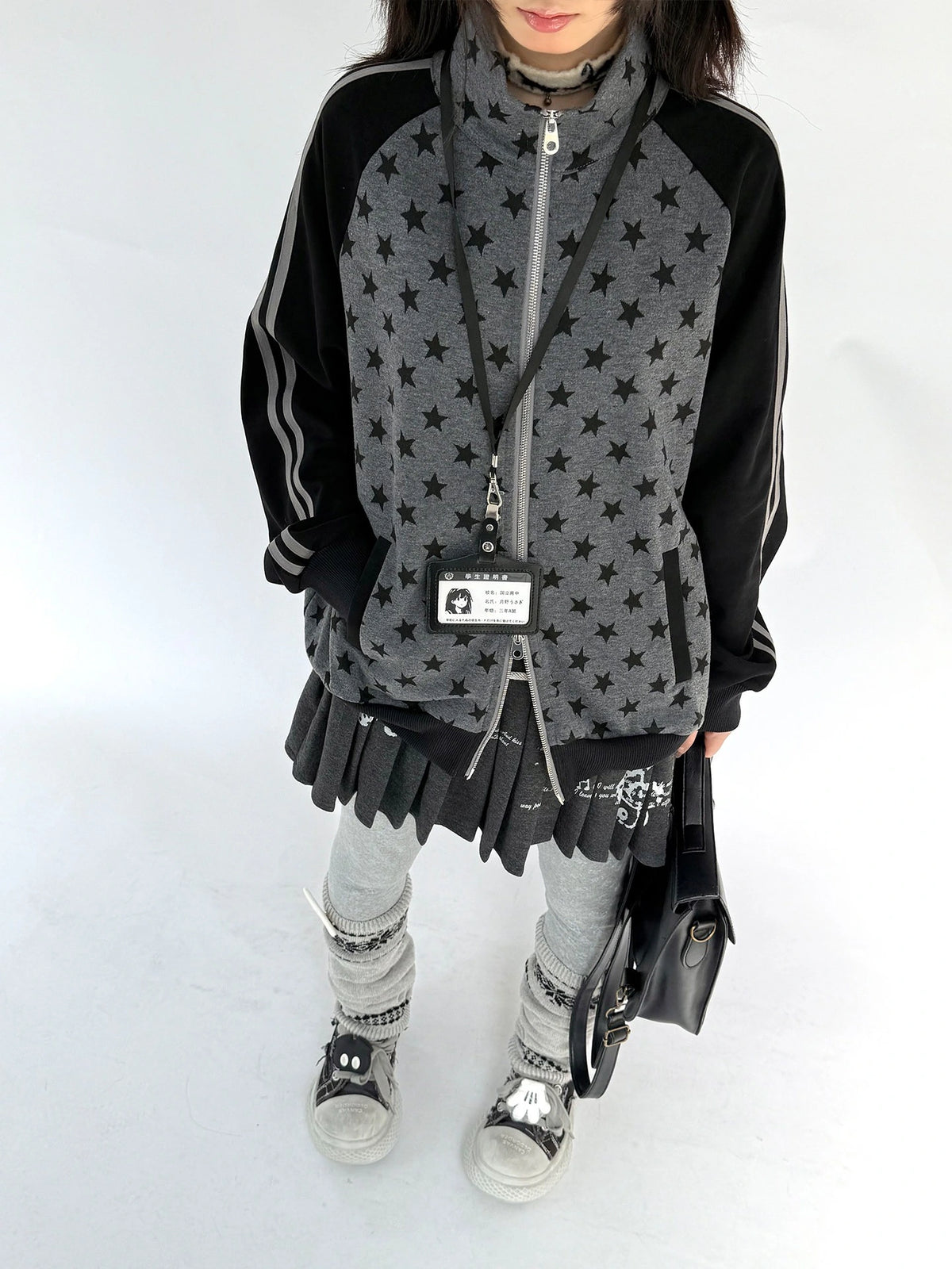 Star Print Stand Collar Double Zip Jacket OL2482
