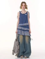 Asymmetrical Hem Blue Plaid Cami Dress OL2262