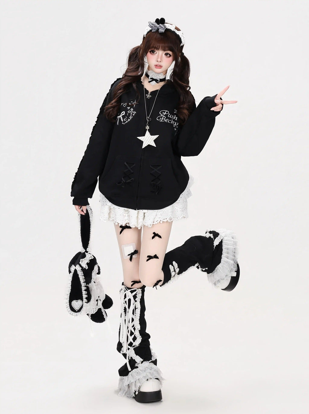 Lace Bunny Ear Bow Hooded Jacket OL2396
