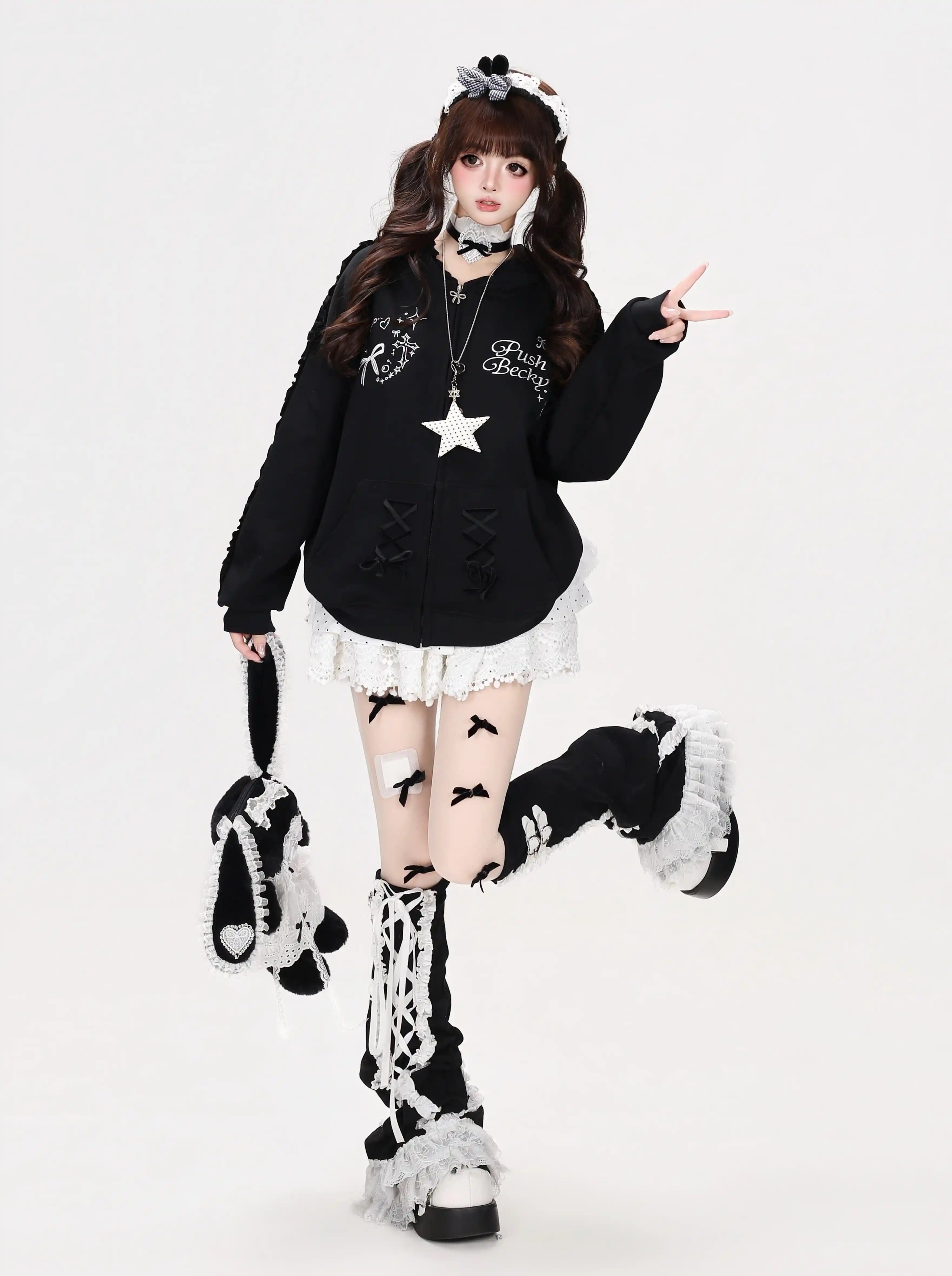 Lace Bunny Ear Bow Hooded Jacket OL2396