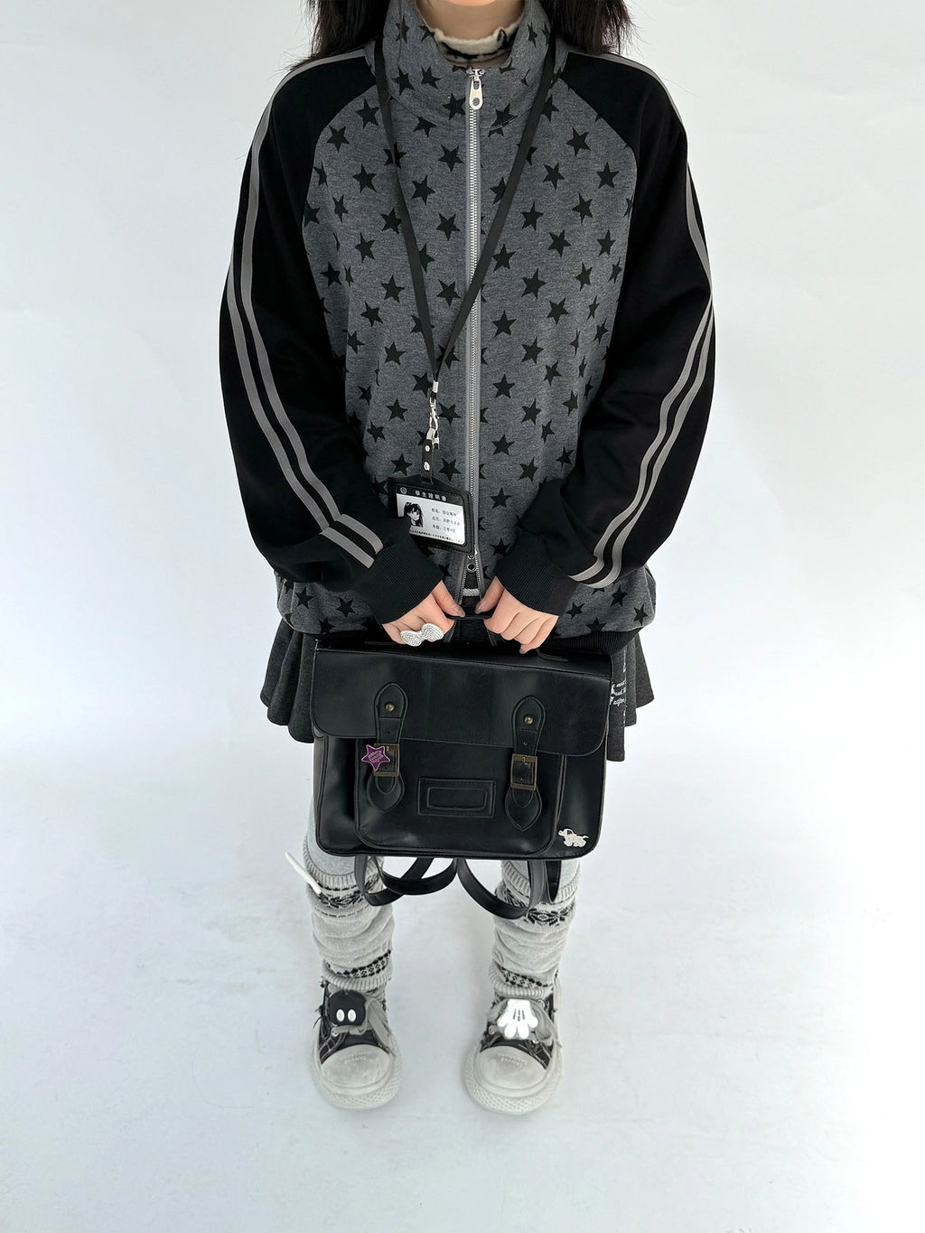 Star Print Stand Collar Double Zip Jacket OL2482