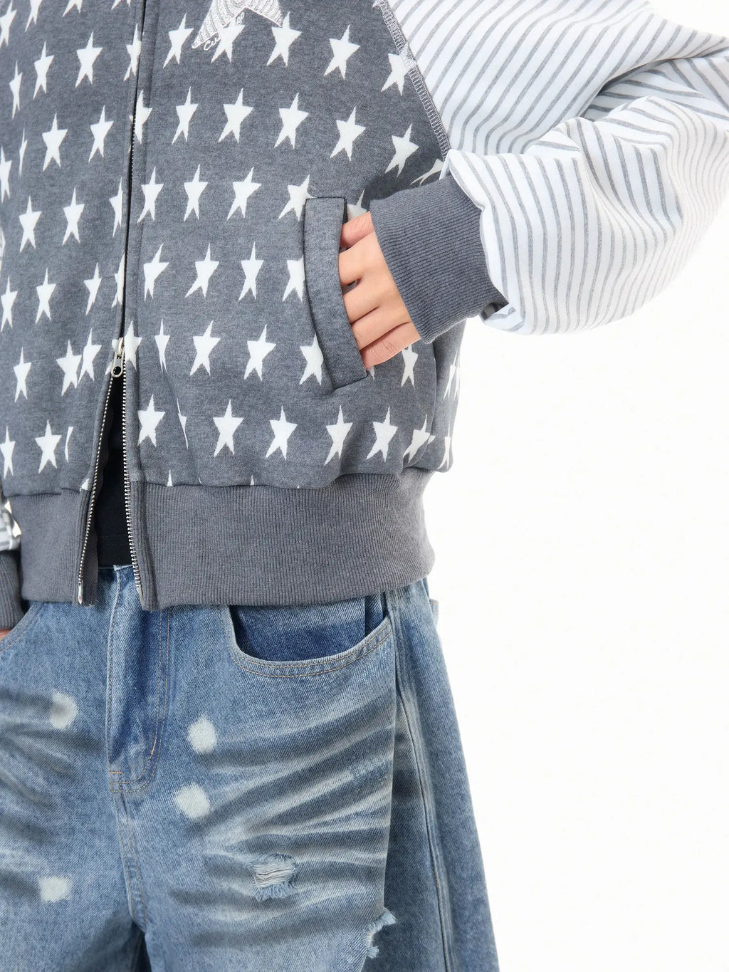Star Embroidered Stripe Cropped Hoodie OL2384