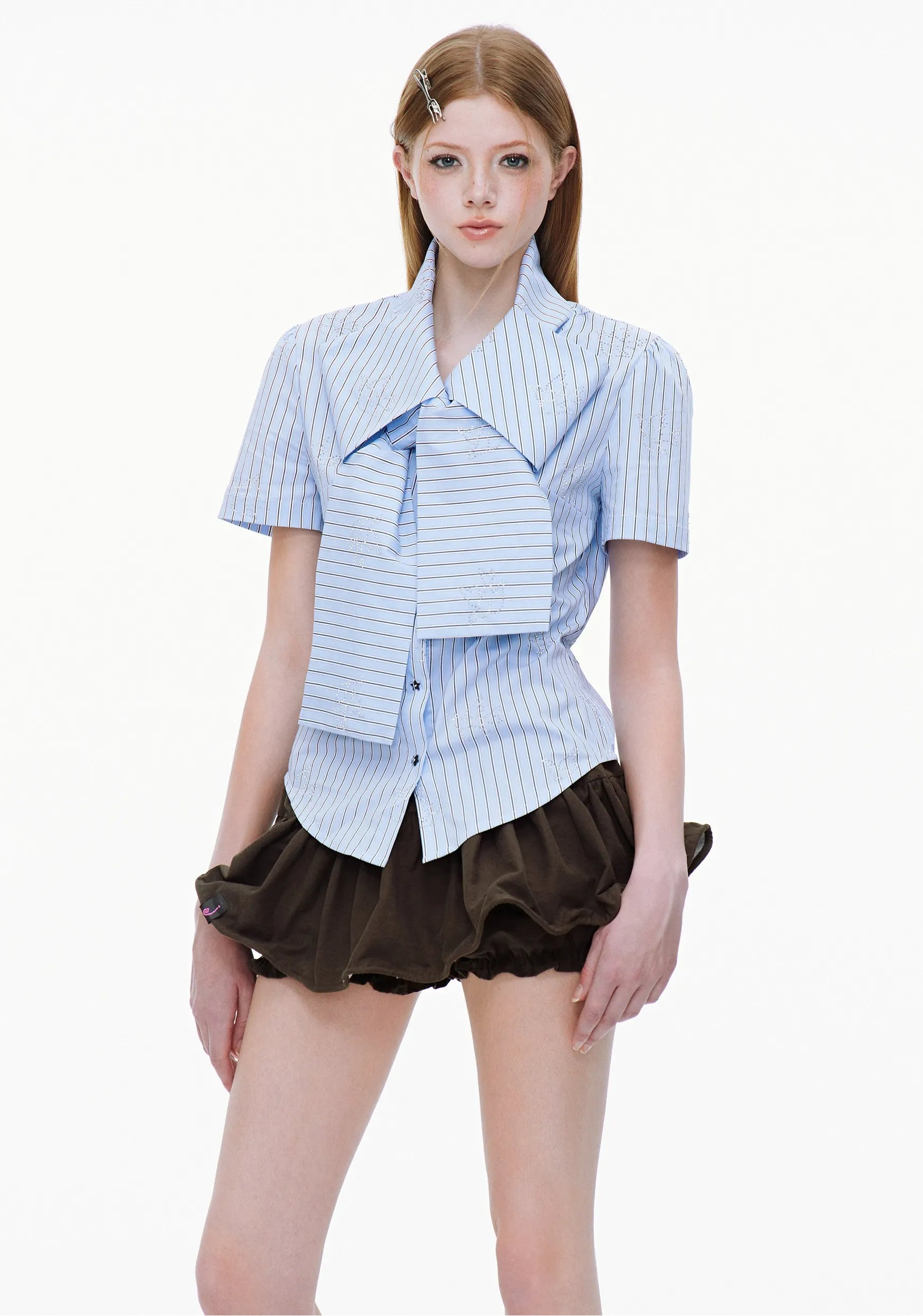 Ribbon Detail Rhinestone Stripe Fitted Shirt OL2267