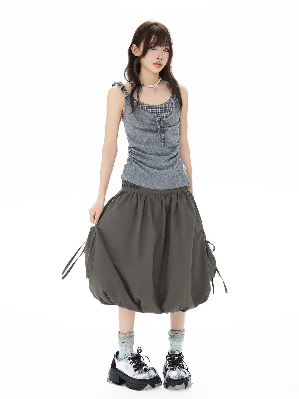 Studded Rhinestone Tie Bubble Skirt OL2410