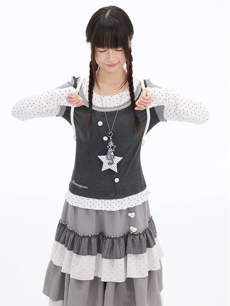 Polka Dot Lace Layered Fitted Long Sleeve Tee OL2397