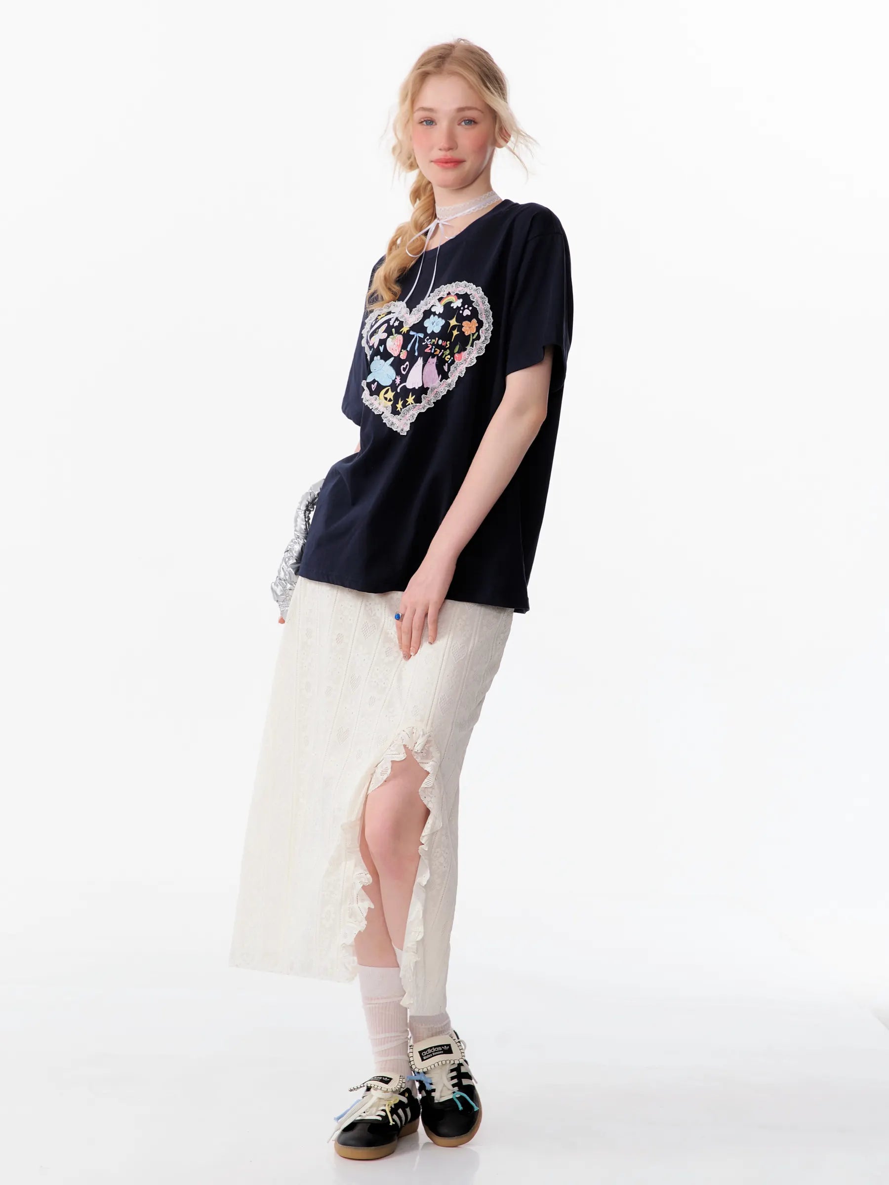 High Waist Lace Ruffle Slit Midi Skirt OL2254