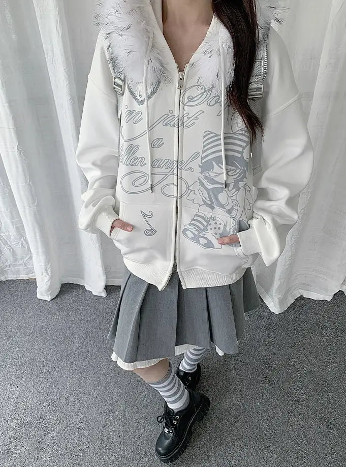 걸 그래픽 퍼 칼라 후드 가디건 OL2433