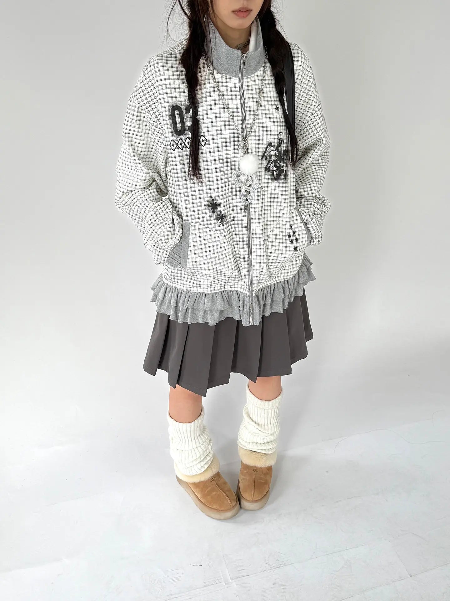 Graphic Plaid Ruffle Jacket OL2383