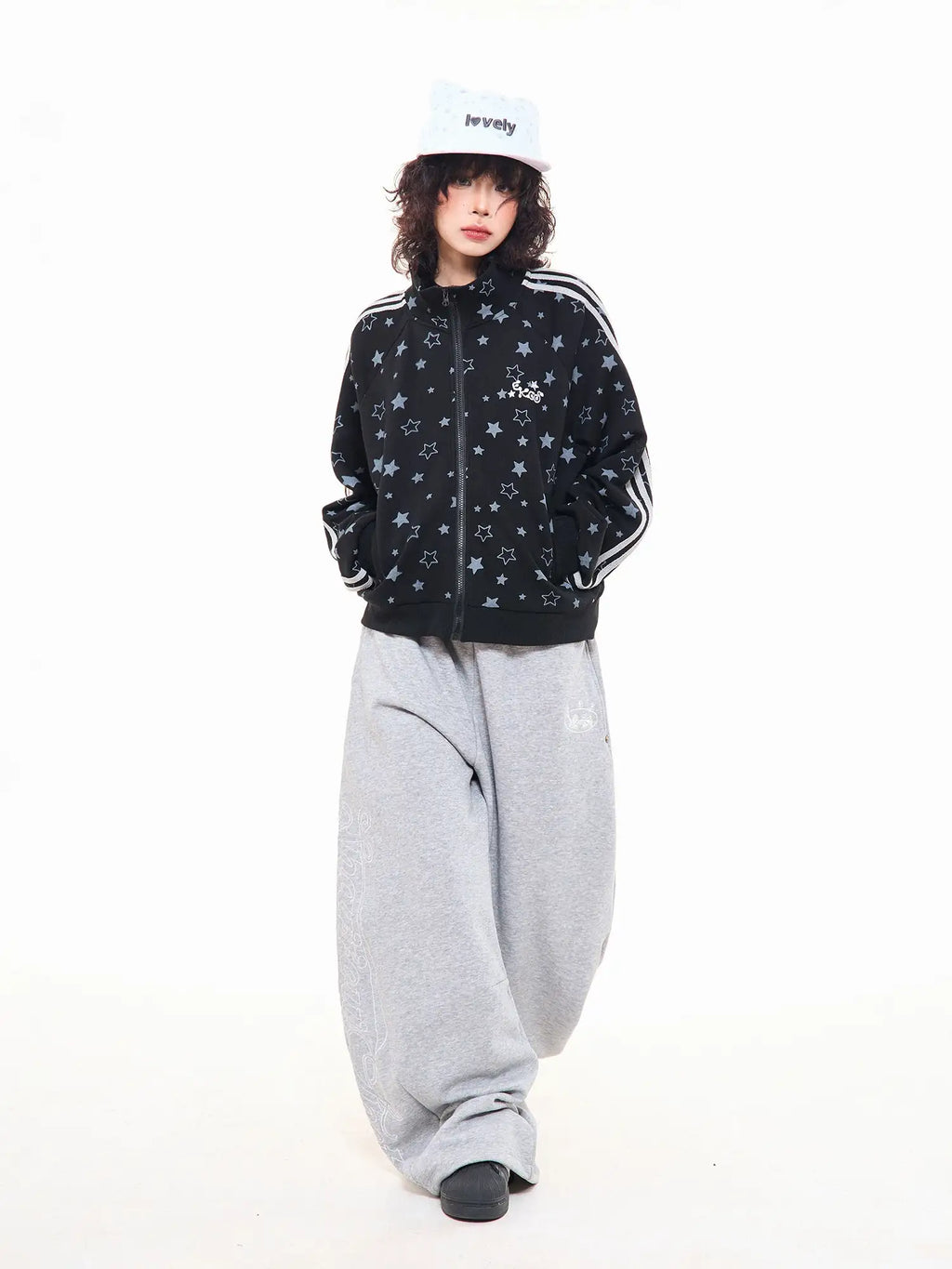 Star Print Oversized Stand Collar Zip Hoodie Cardigan OL2323