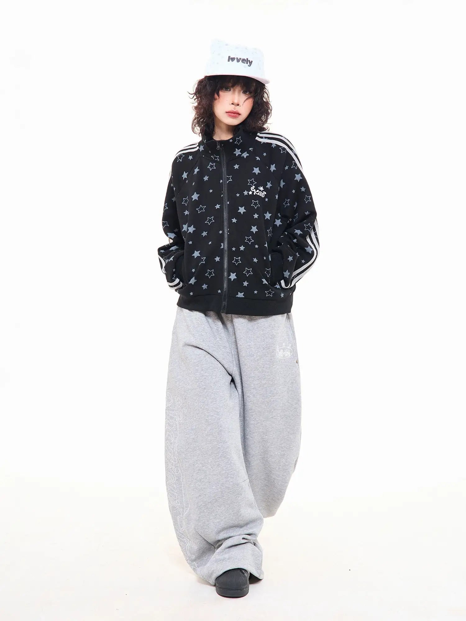Star Print Oversized Stand Collar Zip Hoodie Cardigan OL2323