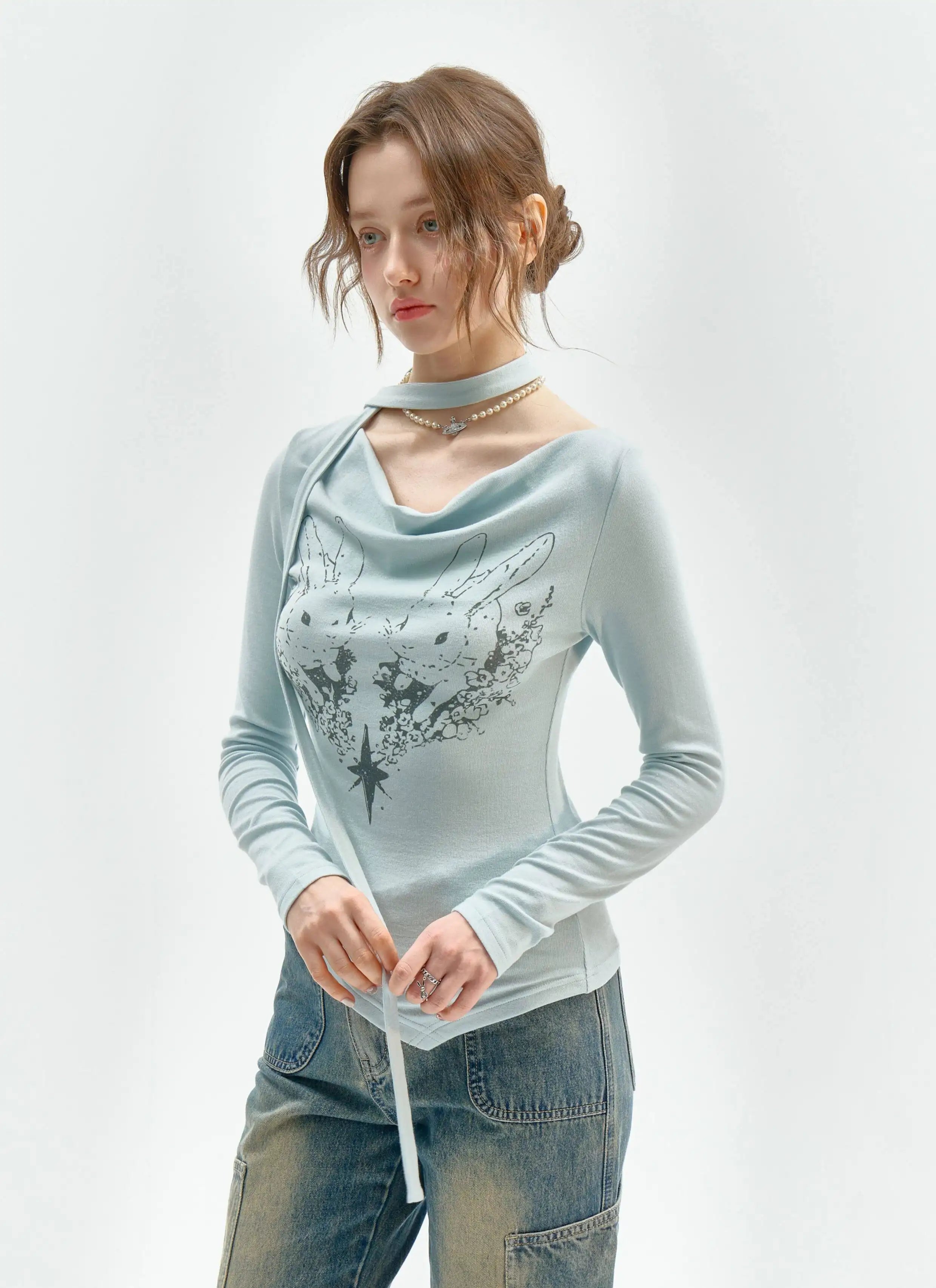 Rabbit Draped Neck Slim Fit Top OL2259