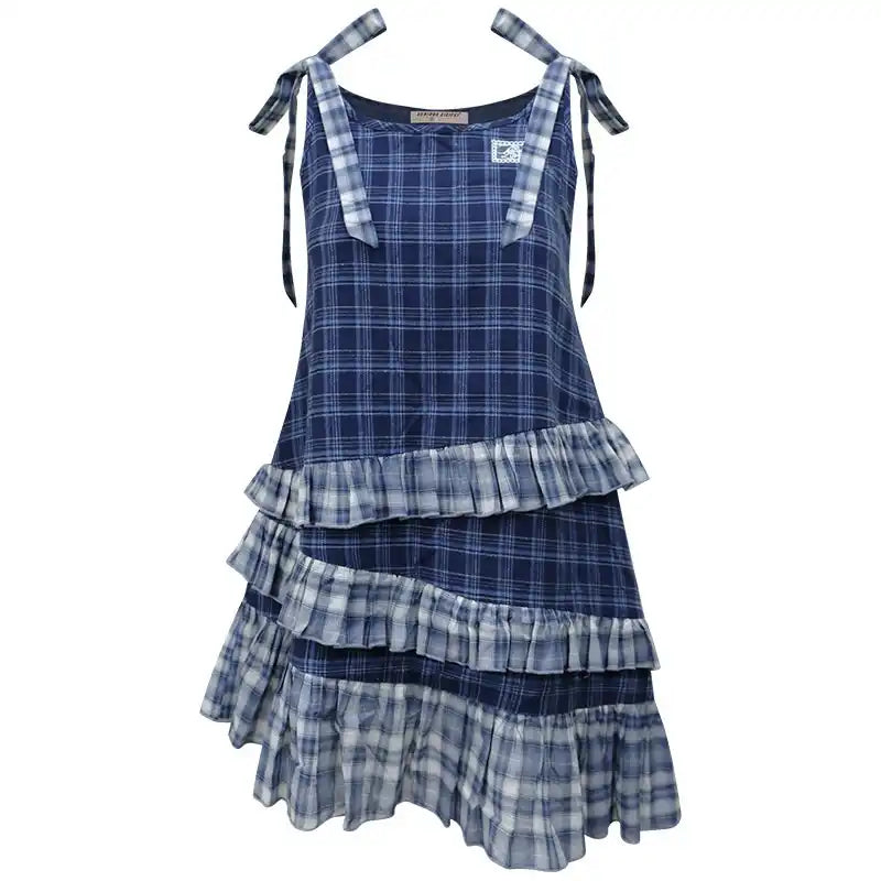 Asymmetrical Hem Blue Plaid Cami Dress OL2262
