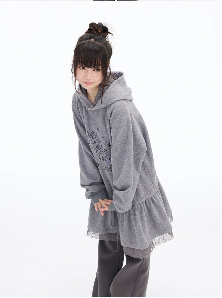 Pony Graphic Long Hooded Sweatshirt Dress OL2398