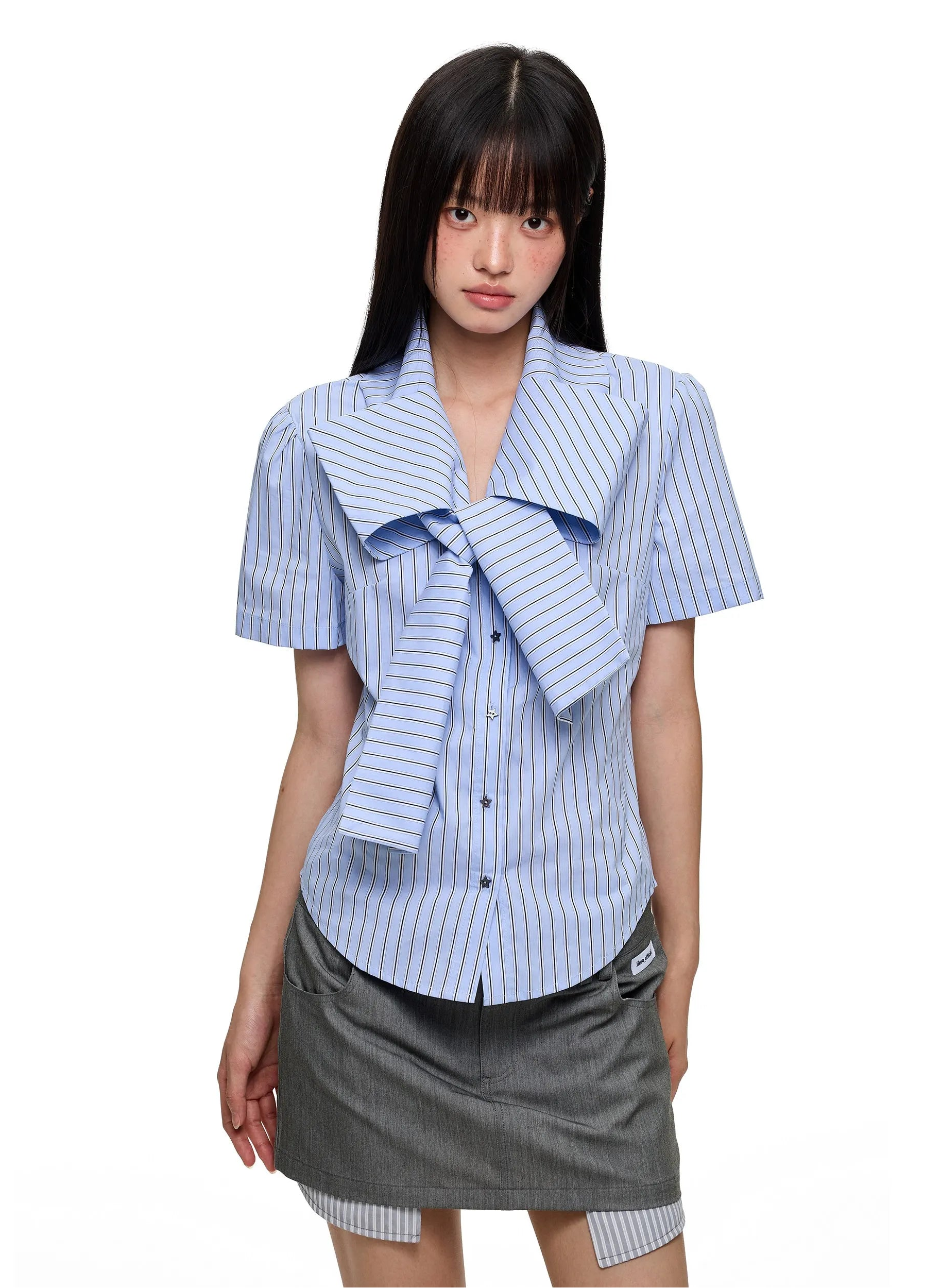 Ribbon Detail Rhinestone Stripe Fitted Shirt OL2267