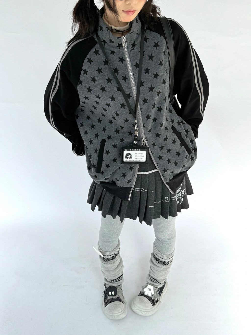 Star Print Stand Collar Double Zip Jacket OL2482