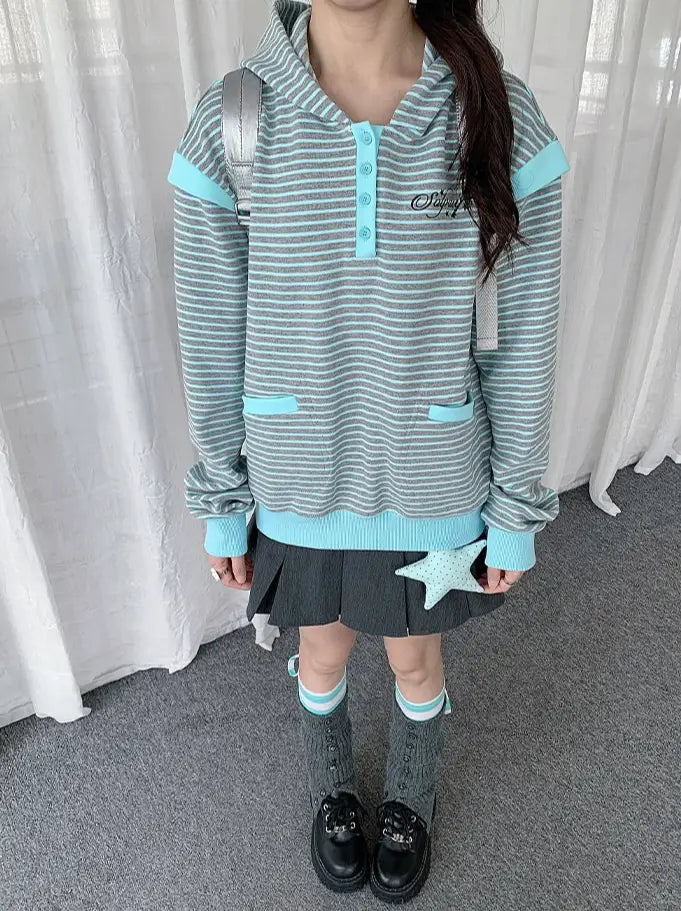 Striped Layered Half Zip Hoodie OL2434