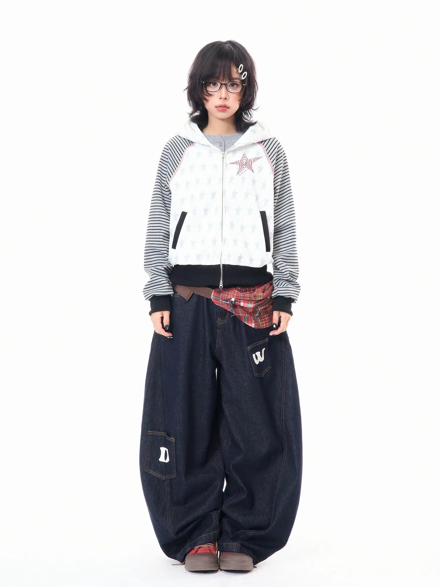 Star Embroidered Stripe Cropped Hoodie OL2384