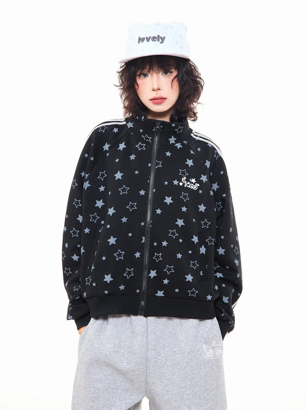 Star Print Oversized Stand Collar Zip Hoodie Cardigan OL2323