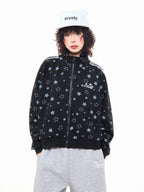 Star Print Oversized Stand Collar Zip Hoodie Cardigan OL2323