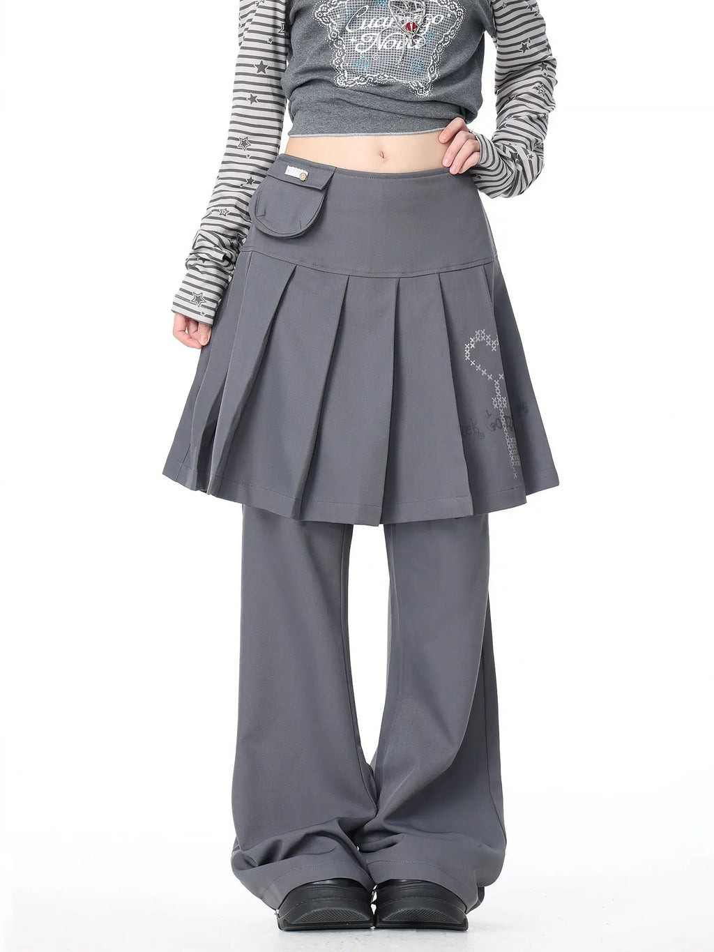 Pleated Skirt Layered Flare Pants OL2412