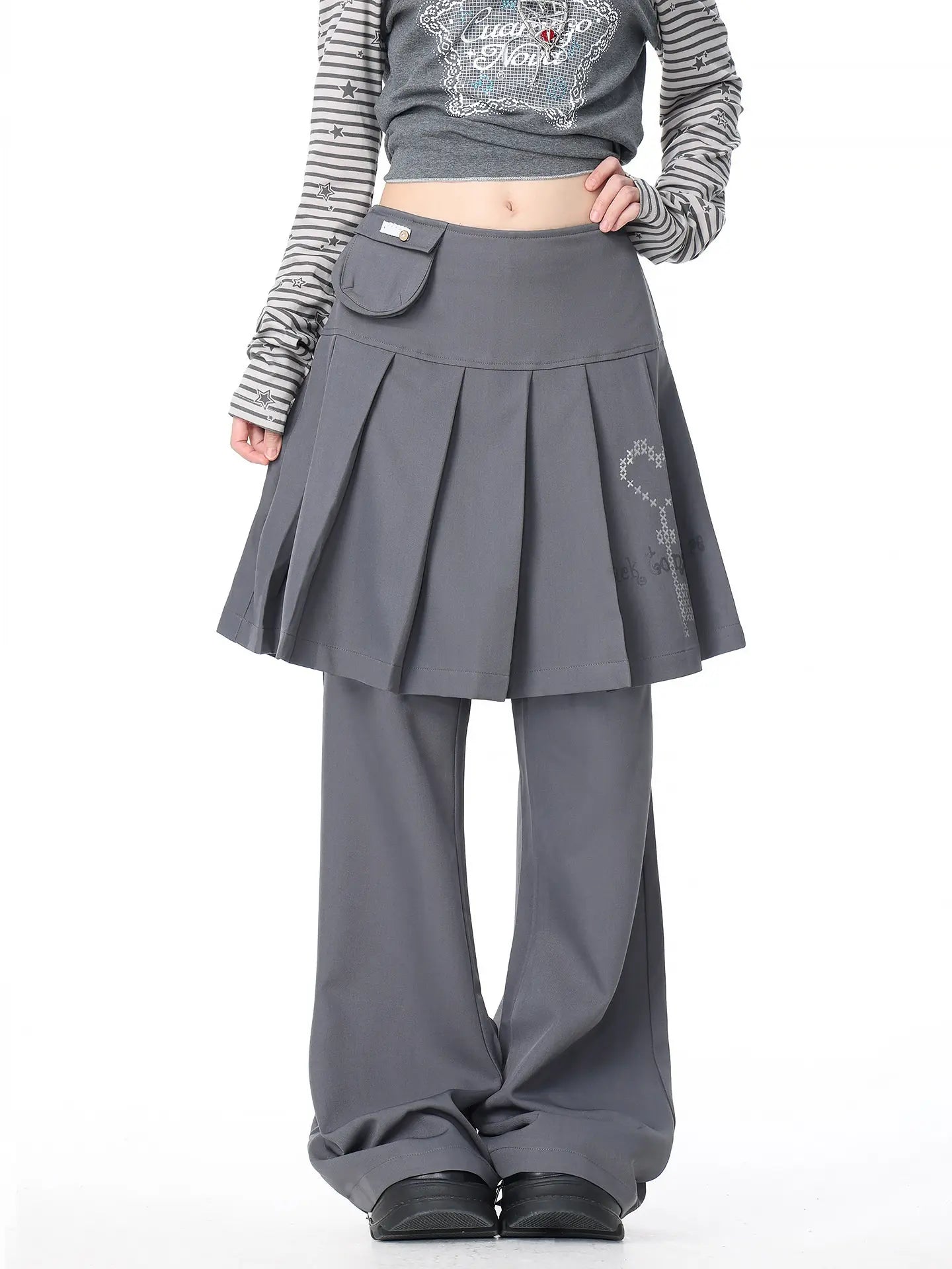 Pleated Skirt Layered Flare Pants OL2412
