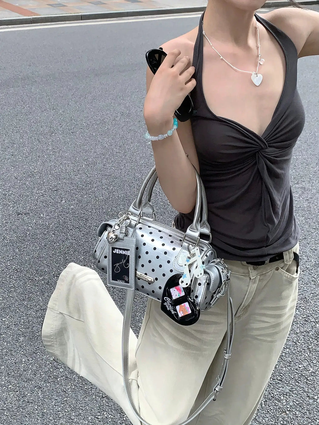 Silver Polka Dot Multi Pocket Bowling Bag OLA058