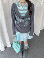 Layered Stripe Cowl Neck Long Sleeve Tee OL2385