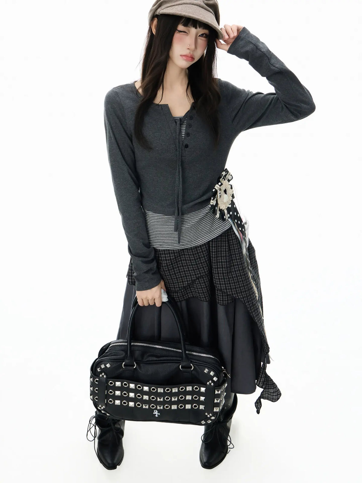 Asymmetric Plaid Layered Maxi Skirt OL2411