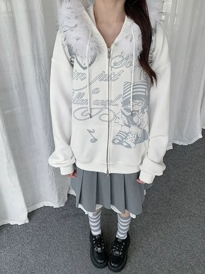 걸 그래픽 퍼 칼라 후드 가디건 OL2433