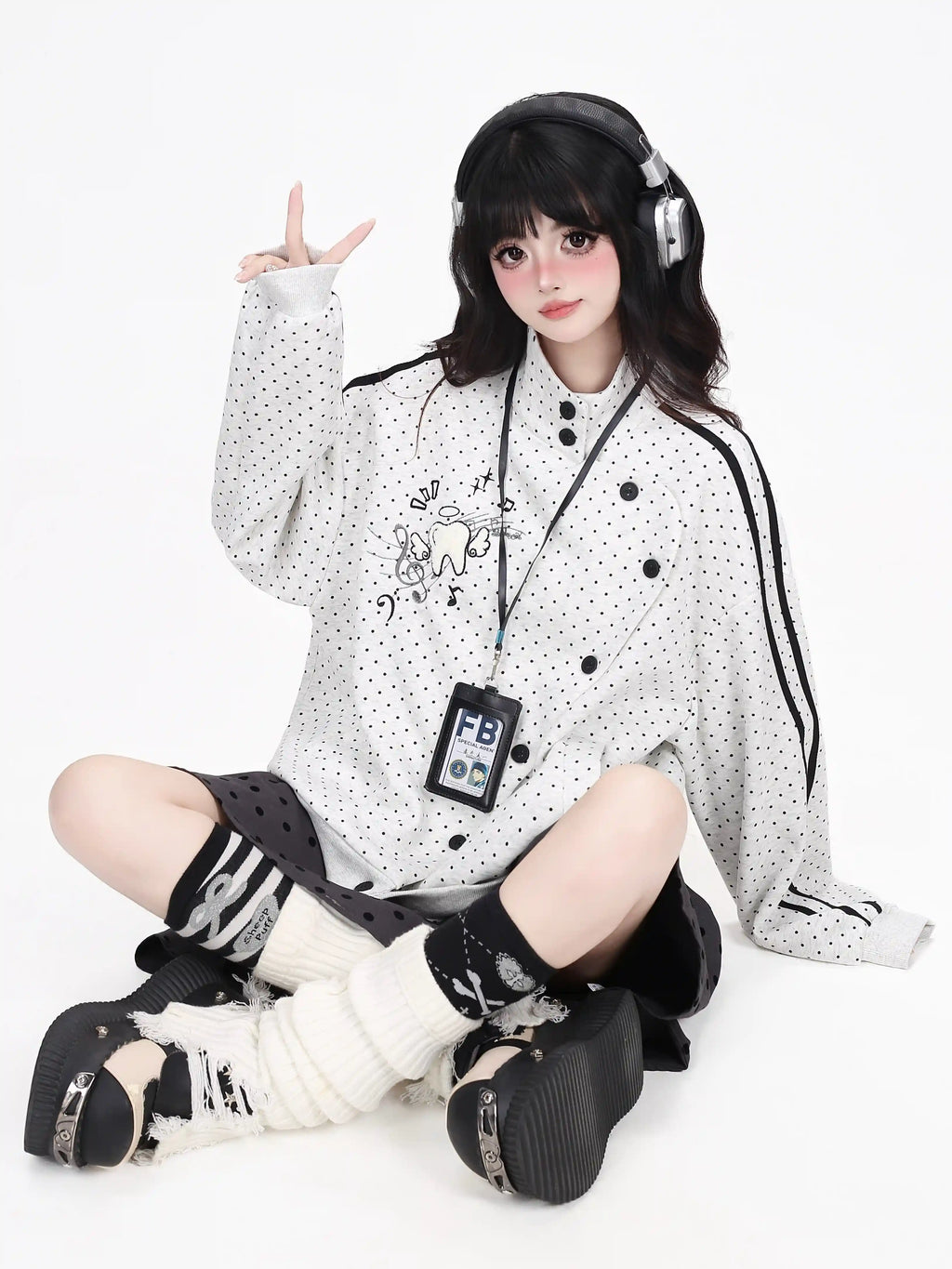 Polka Dot Asymmetric Button Cardigan oliviroa オリヴィオラ