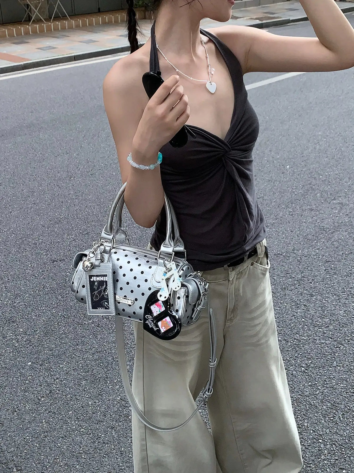 Silver Polka Dot Multi Pocket Bowling Bag OLA058