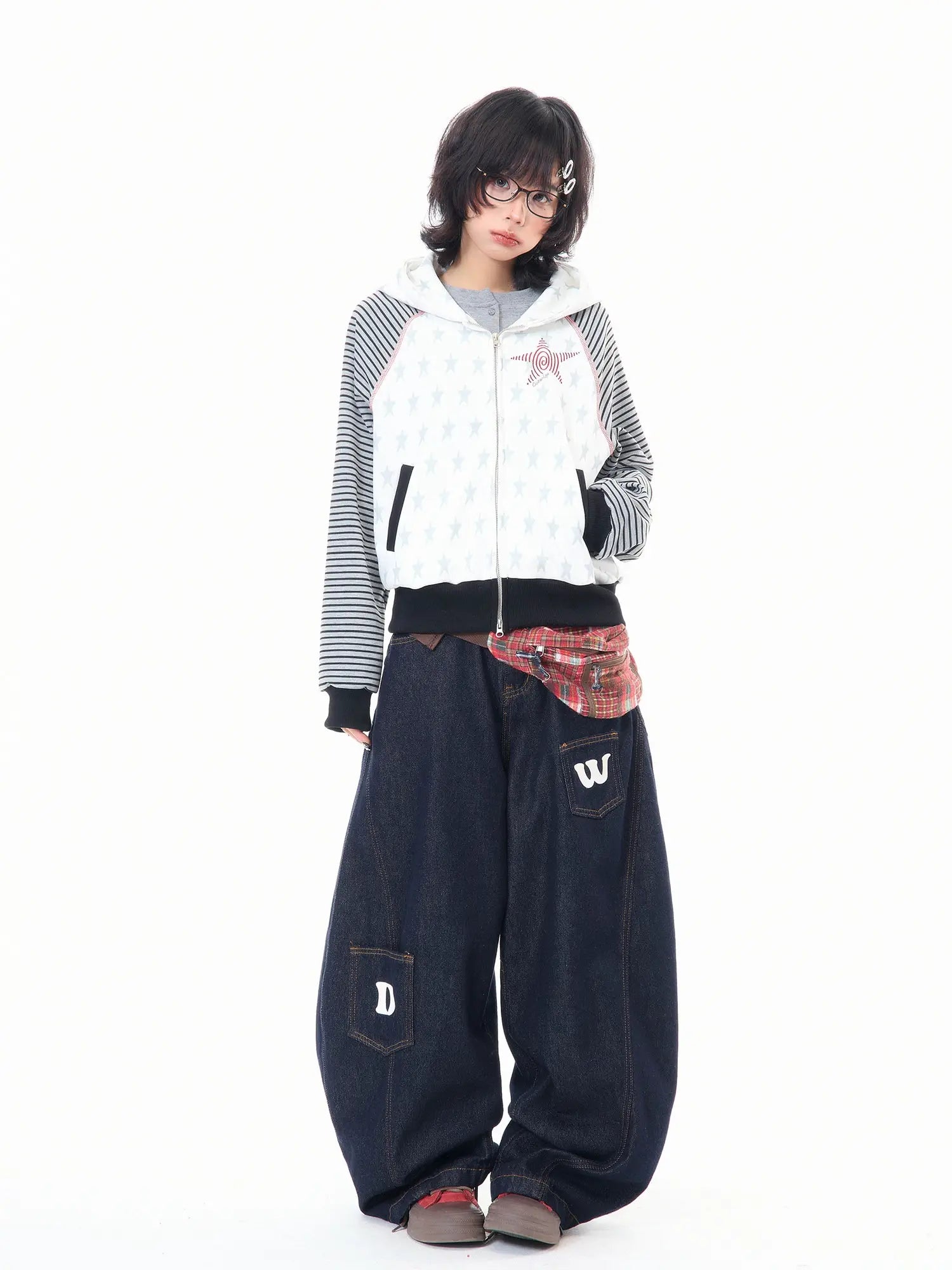 Star Embroidered Stripe Cropped Hoodie OL2384