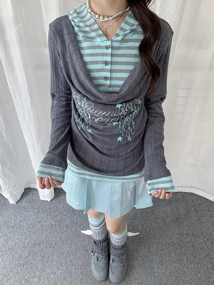 Layered Stripe Cowl Neck Long Sleeve Tee OL2385
