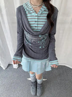 Layered Stripe Cowl Neck Long Sleeve Tee OL2385