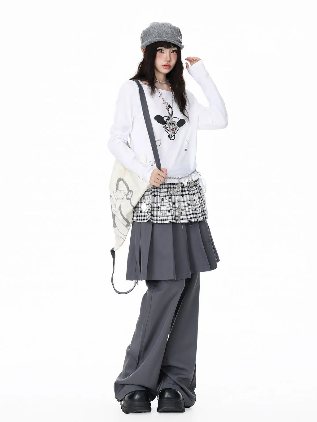 Pleated Skirt Layered Flare Pants OL2412