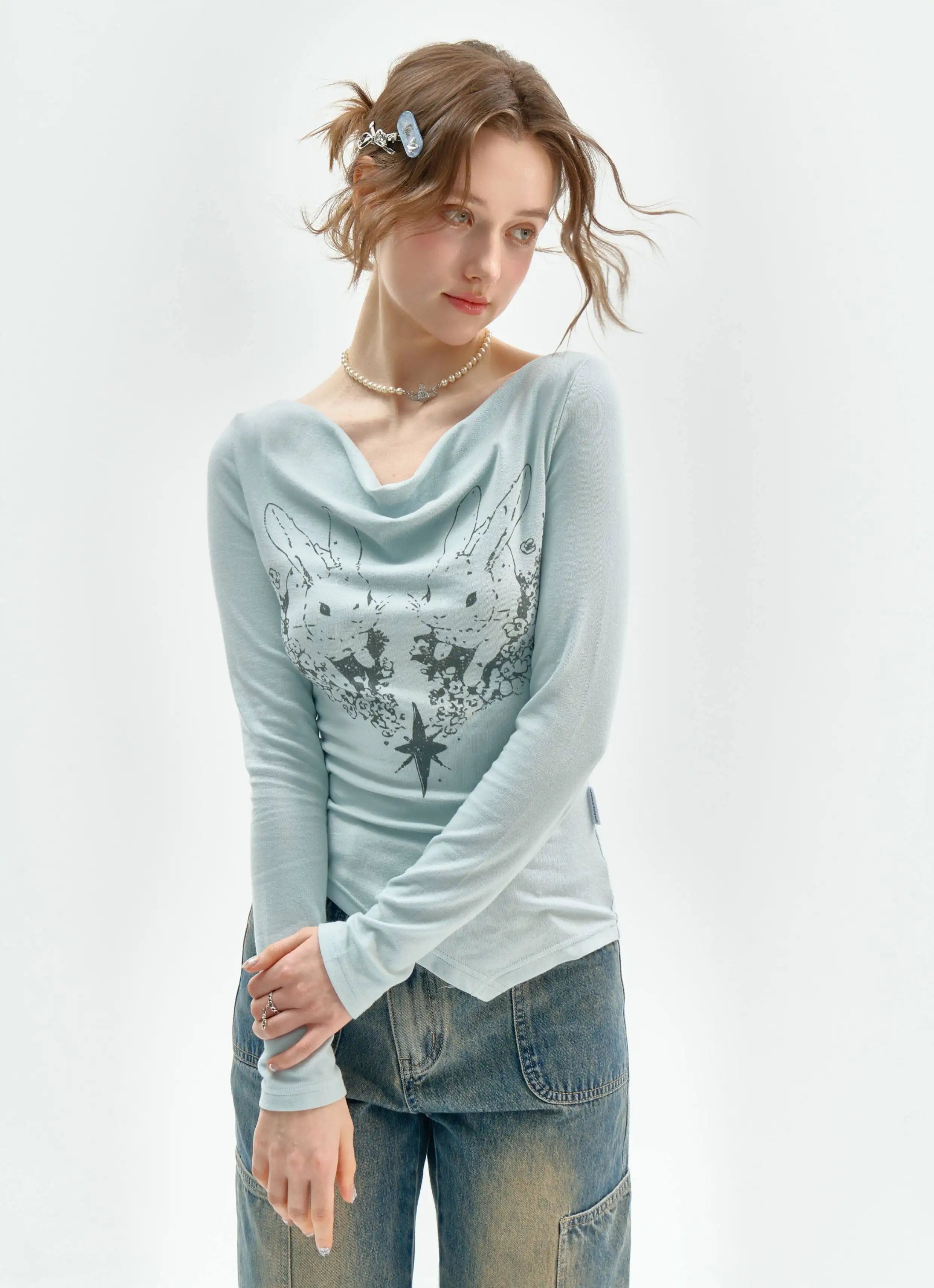 Rabbit Draped Neck Slim Fit Top OL2259