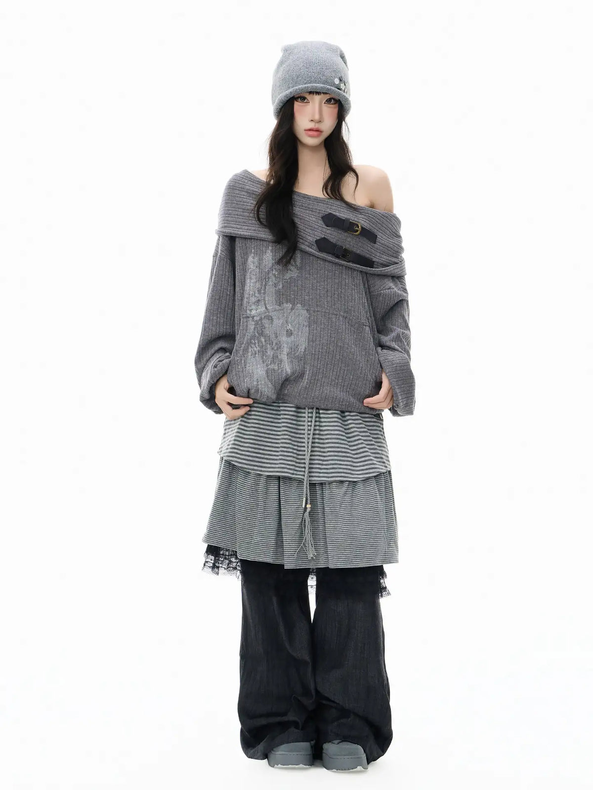 Striped Lace Layered Wide Leg Pants OL2409