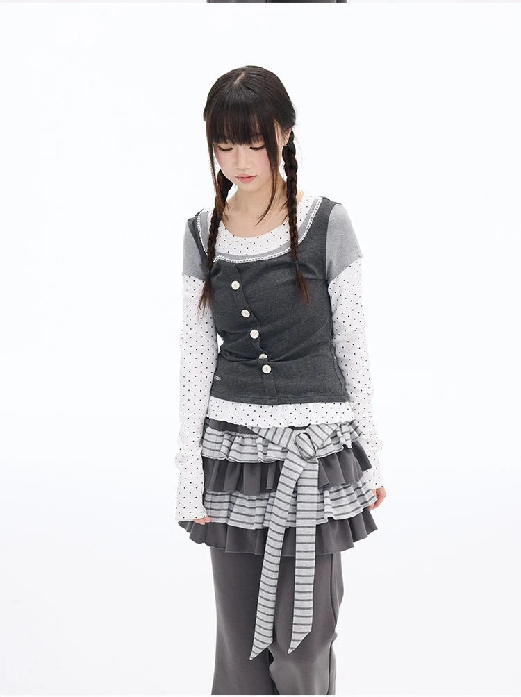 Polka Dot Lace Layered Fitted Long Sleeve Tee OL2397
