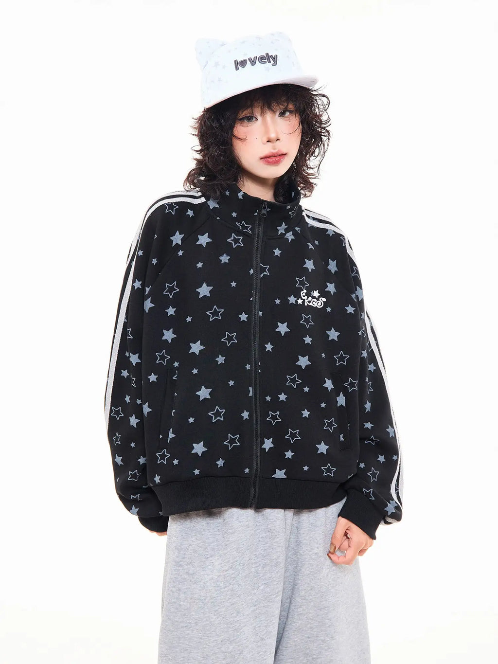 Star Print Oversized Stand Collar Zip Hoodie Cardigan OL2323
