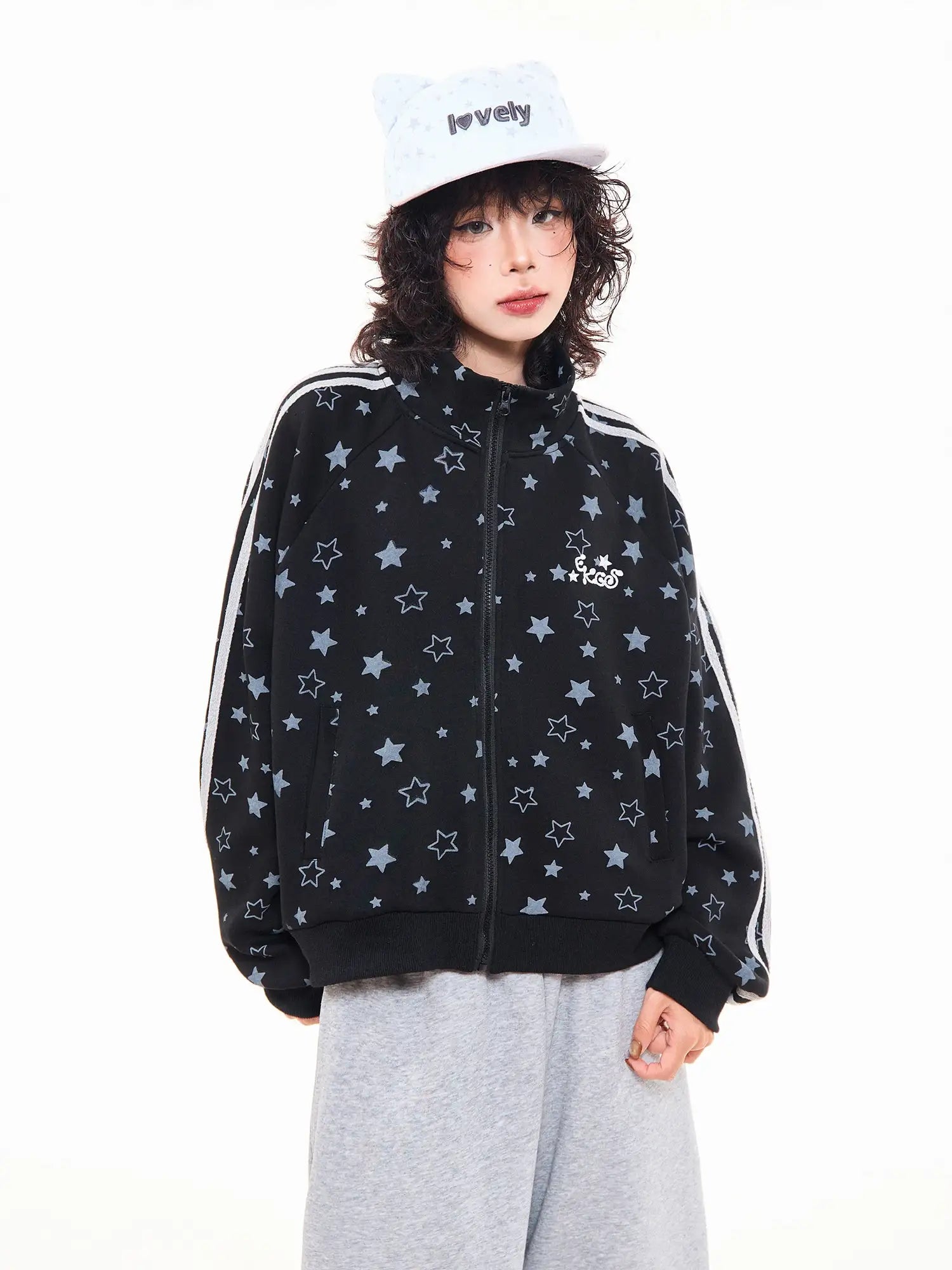 Star Print Oversized Stand Collar Zip Hoodie Cardigan OL2323