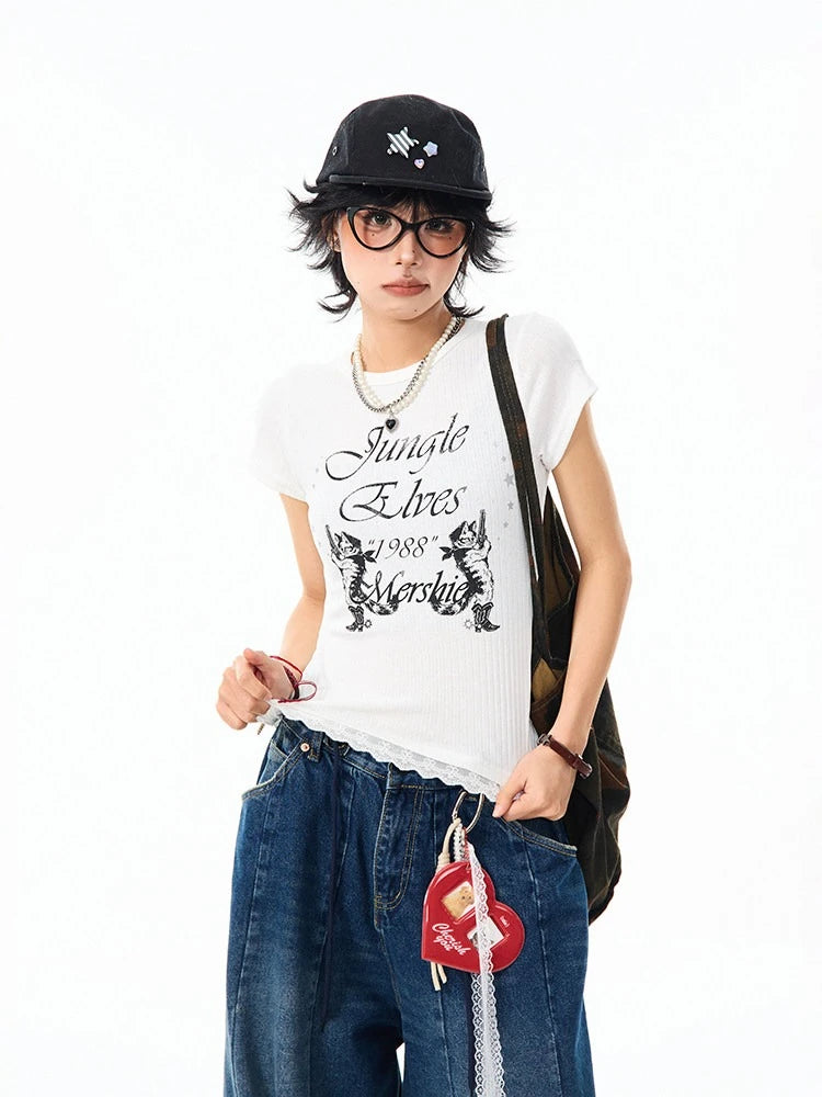 Vintage Lace Trim Fitted T Shirt OL2358