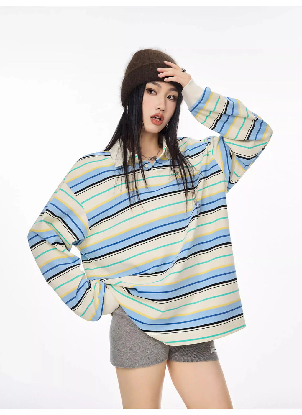 Striped Long Sleeve Polo Top with Contrast Panels   OL1993
