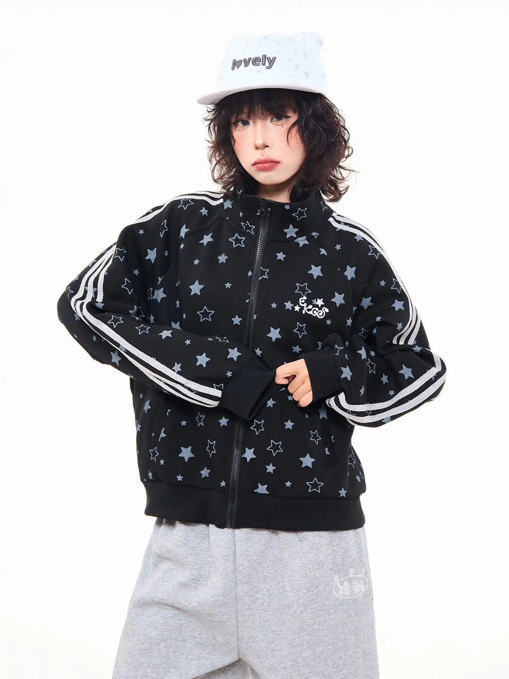 Star Print Oversized Stand Collar Zip Hoodie Cardigan OL2323