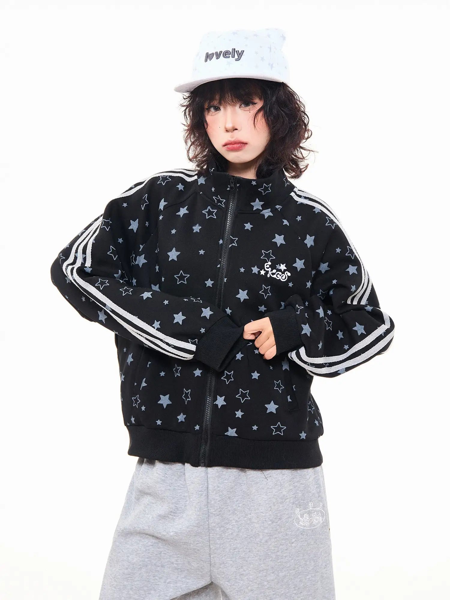 Star Print Oversized Stand Collar Zip Hoodie Cardigan OL2323
