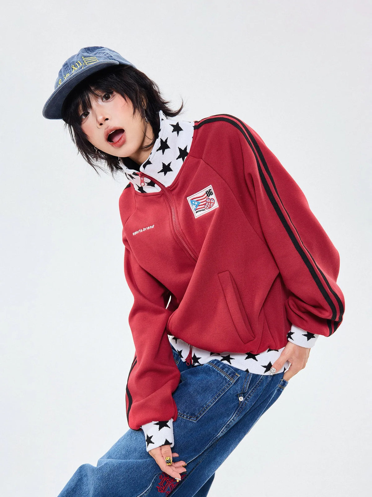 Retro Colorblock Stand Collar Zip Jacket   OL2026